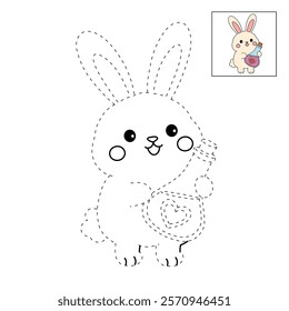 Doodle rabbit with love potion bottle valentine day clipart vector. Rabbit coloring page for valentine day theme. Valentine day card printable. Trace and color rabbit valentine worksheets. 