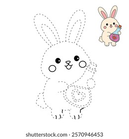 Doodle rabbit with love potion bottle valentine day clipart vector. Rabbit coloring page for valentine day theme. Valentine day card printable. Trace and color rabbit valentine worksheets. 