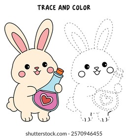 Doodle rabbit with love potion bottle valentine day clipart vector. Rabbit coloring page for valentine day theme. Valentine day card printable. Trace and color rabbit valentine worksheets. 