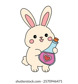 Doodle rabbit with love potion bottle valentine day clipart vector. Rabbit coloring page for valentine day theme. Valentine day card printable. Trace and color rabbit valentine worksheets. 