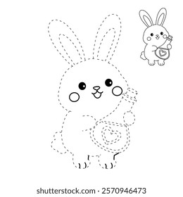 Doodle rabbit with love potion bottle valentine day clipart vector. Rabbit coloring page for valentine day theme. Valentine day card printable. Trace and color rabbit valentine worksheets. 