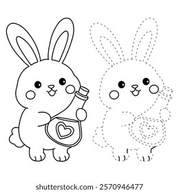 Doodle rabbit with love potion bottle valentine day clipart vector. Rabbit coloring page for valentine day theme. Valentine day card printable. Trace and color rabbit valentine worksheets. 