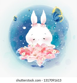 Doodle rabbit Painting watercolor in floral.