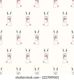 Doodle rabbit pattern with a scarf. Hare in doodle style. Drawn rabbit pattern for backgrounds, wallpapers, fabrics, wrapping paper, textiles.

