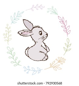 doodle rabbit small and around the grass a hand painted card