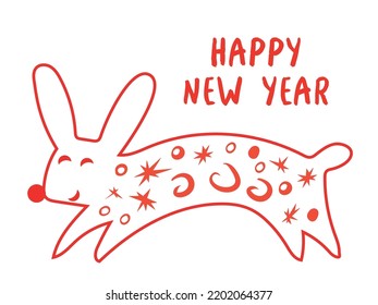 Doodle Kaninchen und Text Happy New Year auf weißem Hintergrund. Simbol von 2023. Vektorgrafik.