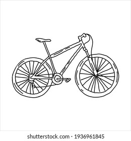 Doodle racing mountain bike for articles, notebooks. The velociated is drawn with a black line. The element is isolated on a white background.