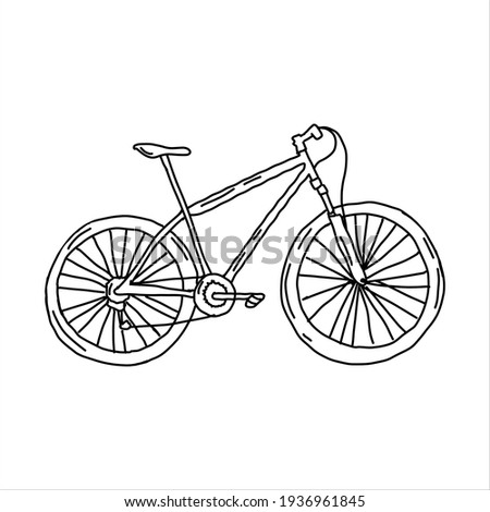 Doodle racing mountain bike for articles, notebooks. The velociated is drawn with a black line. The element is isolated on a white background.