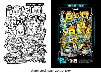 DOODLE RACING THEME CHARACTERS WITH RACERS AND TEAM MECHANICS. WITH A LINE ART STYLE AND FULL OF COLOR