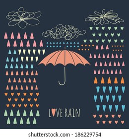 Doodle rain background with colorful heart-shaped rain drops and umbrella. EPS 10. No transparency. No gradients.