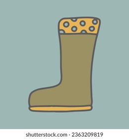 Doodle rain boot vector illustration. Hand drawn rubber boots in trendy simple vintage style isolated on muted blue background. Autumn shoes print. Retro 70s nostalgia vibes graphic