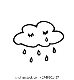 Nube de lluvia de garabatos, contorno negro sobre un fondo blanco. Dibujo vectorial lineal. Elemento de diseño para tarjetas, impresiones, textiles y fondo.