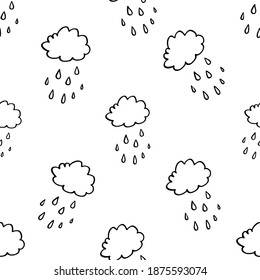 Esbozo de nubes de lluvia Doodle patrón sin fisuras para el vivero. Ilustración vectorial de dibujos animados. Fondo gráfico de corte. Imprimir para niños. Diseño escandinavo para la pequeña habitación de bebé.