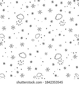 Doodle rain cloud and snow cloud sketch seamless pattern for nursery. Cartoon vector illustration. Cute graphic background. Print for kids. Scandinavian design for little baby room.