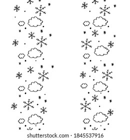 Doodle rain cloud and snow cloud sketch border seamless pattern for nursery. Cartoon vector illustration. Cute graphic background. Print for kids. Scandinavian design for little baby room.