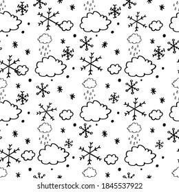 Doodle rain cloud and snow cloud sketch seamless pattern for nursery. Cartoon vector illustration. Cute graphic background. Print for kids. Scandinavian design for little baby room.