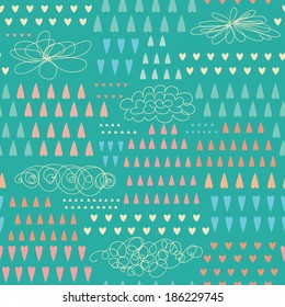 Doodle rain seamless pattern with colorful heart-shaped rain drops. EPS 10. No transparency. No gradients.