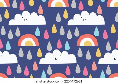 DOODLE RAINBOW WITH CLOUDS AND COLORFUL RAIN DROPS IN EDITABLE FILE