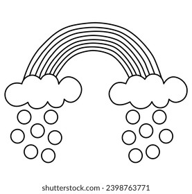 A doodle of rainbow clouds and drops isolated in black and white 