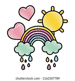 doodle rainbow clouds raining with hearts and sun