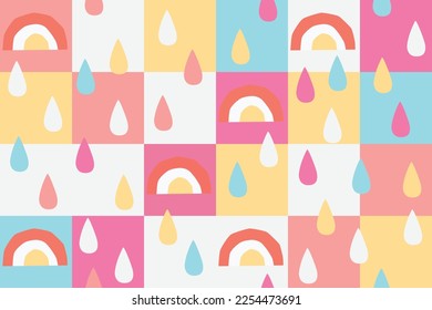 DOODLE RAINBOW WITH COLORFUL RAINDROPS IN COLOR BLOCK BACKGROUND IN EDITABLE FILE
