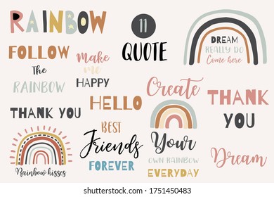 Doodle rainbow logo set with quote. illustration for logo,sticker,postcard,birthday invitation.Editable element