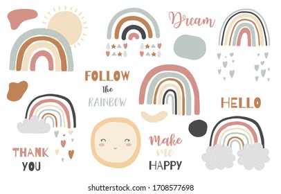 Doodle rainbow object set with sun,cloud,rain. illustration for logo,sticker,postcard,birthday invitation.Editable element.Thank you and Follow the rainbow