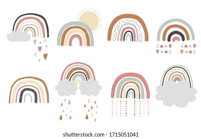 Doodle rainbow object set with sun,cloud,rain. illustration for logo,sticker,postcard,birthday invitation.Editable element