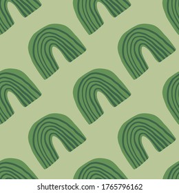 Doodle rainbow seamless pattern on green background. Abstract shapes endless wallpaper. Decorative backdrop for fabric design, textile print, wrapping, cover. Trendy vector illustration.