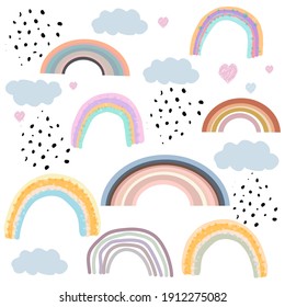 
Doodle rainbows and clouds with hearts pattern background