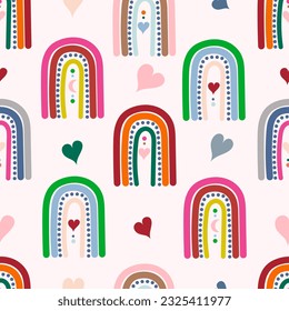 Doodle, Rainbows, Hearts, Month, Multicolored, Light pink background, Cute, Beautiful, Holiday, Birthday, Postcard, Drawing, Paper, Seamless pattern, Vector