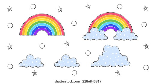 Doodle rainbows images. Hand-drawn rainbows with texture. Vector scalable graphics