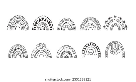 Doodle Rainbows listo. Arcos de arte de la línea negra dibujados a mano. Elementos decorativos de estilo boho para los niños, tarjetas de felicitación, carteles. Ilustración del vector