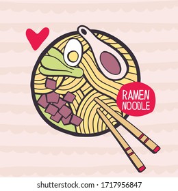 Doodle Ramen. Asian food. Background for flyers, banners, invitations, restaurant or cafe menu design. Hand drawn illustration.