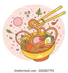 Doodle ramen noodles bowl oriental japanese traditional cuisine. Hand drawn meat broth tasty ramen noodle dish vector illustration. Asian food ramen bowl with egg and mushroom, chopsticks