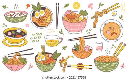 Doodle ramen noodles traditional asian food bowls. Japanese cuisine noodle soup, delicious noodles in meat broth vector illustration. Oriental food ramen bowls with shrimps and mushroom