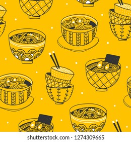 Doodle Ramen. Various noodle bowls. Hand drawn vector seamless pattern. Yellow version