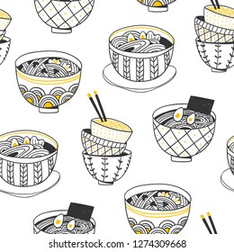 Doodle Ramen. Various noodle bowls. Hand drawn vector seamless pattern