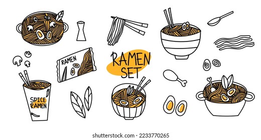 Doodle Ramen. Various noodles and ingredients for cooking Asian ramen. Collection of various bowls with noodles vector illustration