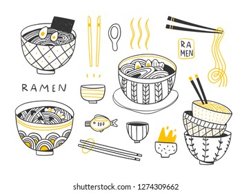 Doodle Ramen. Various noodles and other objects. Hand drawn vector set. All elements are isolated svg