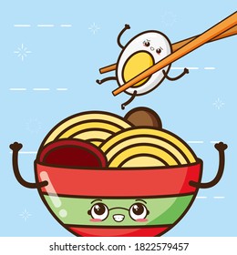 Doodle Ramen. Various noodles and other objects. Hand drawn vector set. All elements are isolated
