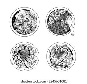 Doodle Ramen. Various noodles and other objects. Hand drawn vector set.