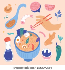 Doodle Ramen. Various noodles, saoy sauce, ingredients and chopsticks and other objects. Hand drawn vector set. All elements are isolated. Person eating asian food, ramen spoon with hot broth