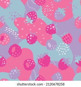 Doodle raspberries and blackberries with abstract elements. Vector seamless pattern. Hand drawn illustrations.