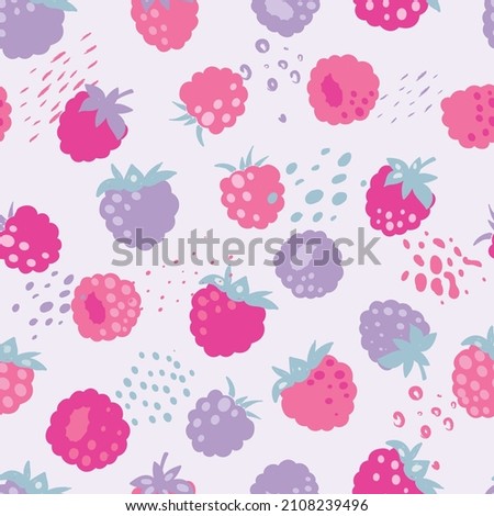 Doodle raspberries and blackberries with abstract elements. Vector seamless pattern. Hand drawn illustrations.