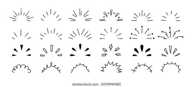 Doodle rays and sparkles. Sunlight sparks, explosion. Hand drawn line confetti, surprise elements, shining curves frames. Celebration ornaments and decor vector signs