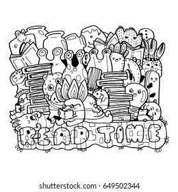 doodle the read time with cute monster hand drawn vector illustration
