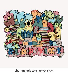 doodle the read time with cute monster hand drawn vector illustration