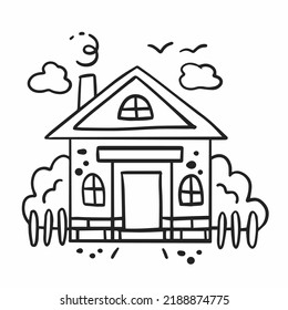 Doodle real estate vector illustration. Simple hand drawn black and white house in trendy cartoon style. Real estate agency concept design