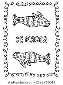 Doodle rectangle framed Pisces medieval bestiary style art print. Perfect for tee, sticker, card, poster. Hand drawn vector illustration.